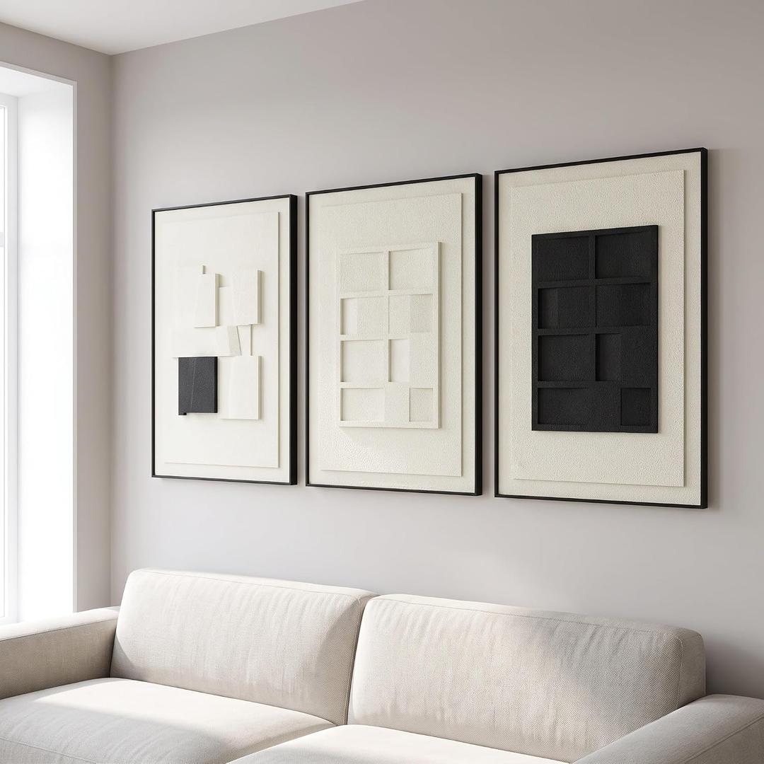 AMAATE 3Pcs 3D Abstract Geometric Sandstone Relief Wall Art Black Framed, 16" x 24" inch