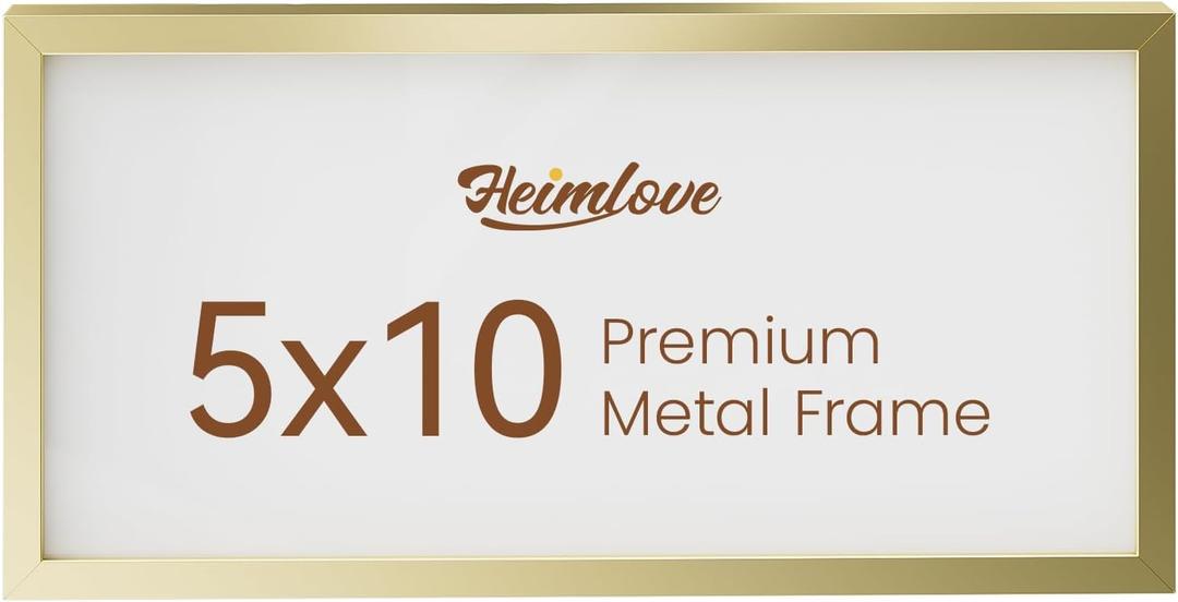 Heimlove 5x10 Aluminum Picture Frame, Metal Picture Frame for Wall Hanging or Tabletop, Photo frame with Tempered Glass - Simple and Elegant Decor for Wall - 1 Pack - Gold