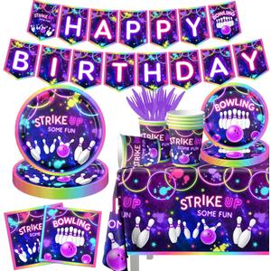 Bowling Birthday Tableware 142Pcs Let's Strike Up Some Fun Bowling Party Decorations Rainbow Neon Glow Girls Birthday Party Favors Disposable Plates,Tablecloth,Napkins,Cups,Forks and Knives