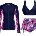 JASAMBAC Women 3 Piece Rash Guard Long Sleeve Zip Up Swimsuits with Boyshort UV UPF 50+ Swim Shirt Built in Bra Size 2XL