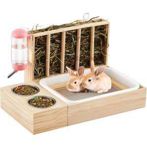 Weysat 4 in 1 Extra Large Rabbit Bunny Litter Box with Hay Feeder, Bowls and Water Bottle, Wooden Toilet Set for Large and Medium Sized Bunny Guinea Pig Chinchilla Hamster Dwarf Rabbit Wood Mess Proof