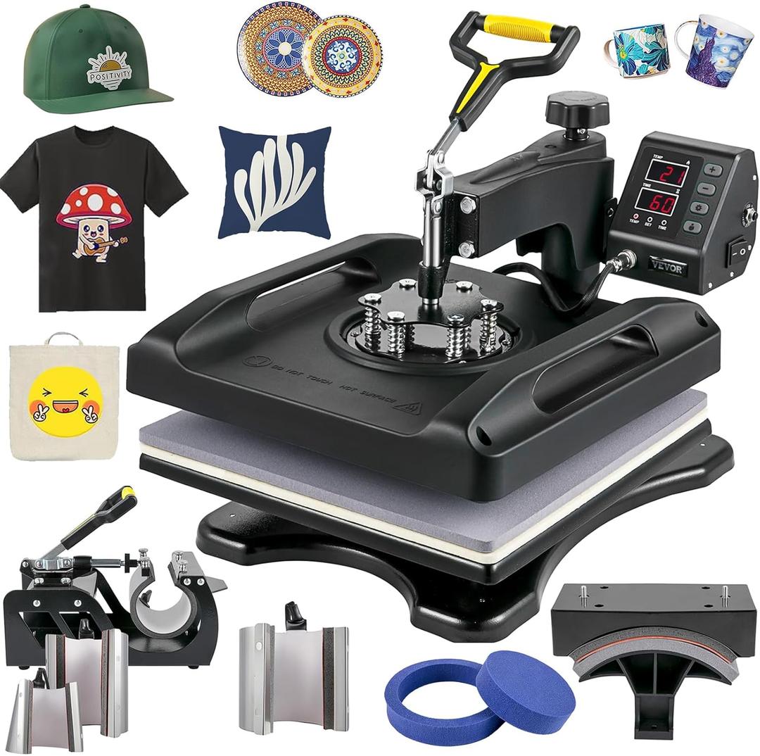 VEVOR Heat Press Machine 8 in 1 Combo 15x15 Inch, 360 Swing Away Digital Tshirt Press Machine, Clamshell Sublimation Heat Press for Printing T-Shirt Hat Mug Plate Vinyl, Heat Transfer Projects