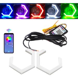 Qasim Hexagon Angel Eyes RGB APP Control Retrofit Car Motorcycle Light Accessories Driving Day Signal Light Decoration White DRL Streamer Amber Turn Signal Light 12V 24V 90MM, 2 Pack