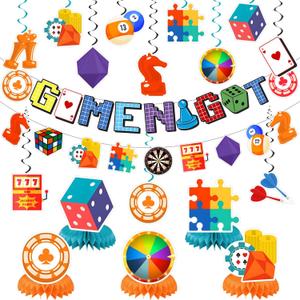 Family Game Night Party Decorations Game on Birthday Party Decor Supplies Includes Happy Birthday Banner Hanging Swirls Honeycomb Centerpiece for Kids Adult Video Chess Card Game Party Supplies Decor