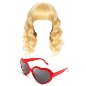2 Pcs Halloween Singer Costume Blonde Wig with Bangs Shoulder-length Heart Shaped Sunglasses for Women