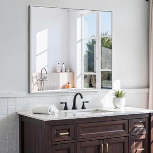 KOCUUY Silver Framed Mirror, 36"x36" Rectangle Bathroom Mirror for Wall, HD Tempered Glass, Anti-Rust Frame, Modern Design for Bathroom, Bedroom, Living Room, Entryway