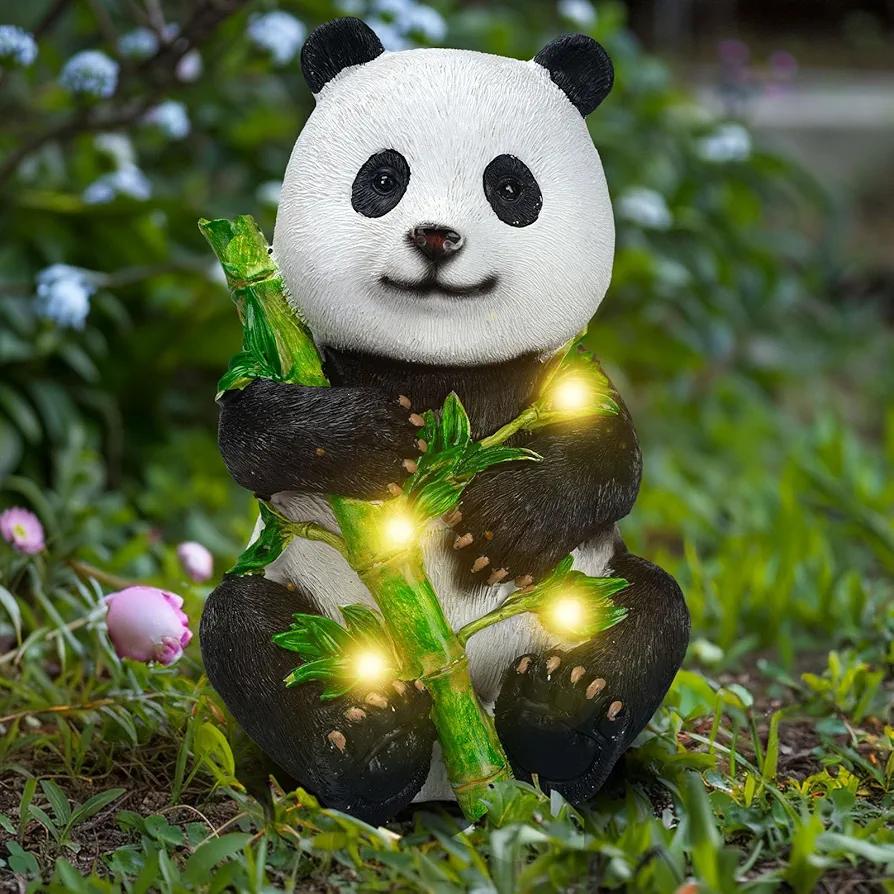 Garden Panda Solar Lights Bamboo Statues Cute Sculptures Waterproof Resin for Indoor Outdoor Porch Patio Lawn Yard Decorations (Sitting)