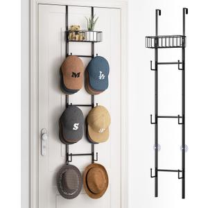 HapiRm Over Door Hat Rack - Wall Mounted Hat Organizer with 6 Hooks and Metal Basket Design, Baseball Cap Organizer Storage Holder Up to 32 Caps for Door, Bedroom, Closet (Black) (1 Pack)