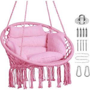 Goutime Hammock Chair, Macrame Hanging Swing Chairs with Cushion and Hardware Kit,Adult Boho Swings for Outside,Patio,Balcony,Bedroom (Pink)