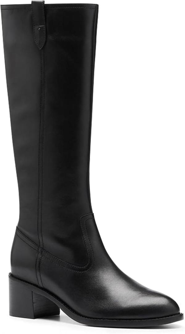 Coutgo Womens Knee High Boots Low Chunky Heel Round Toe Tall Boots Side Zipper Fall Dress Shoes (Black)