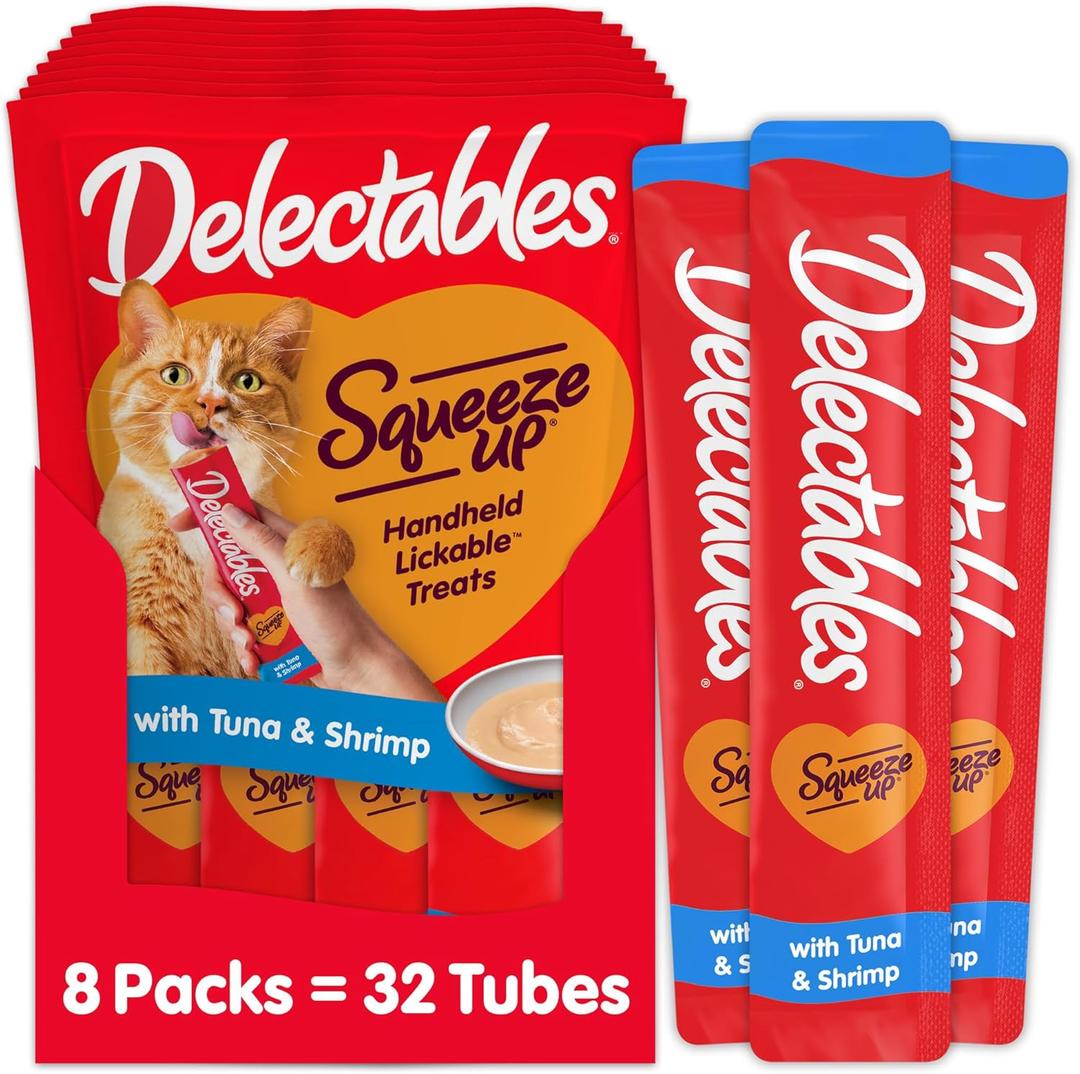 Delectables Squeeze Up Creamy Squeezable Puree, Lickable Wet Cat Treats, Grain Free, No Added Fillers, No By-Products, No Added Preservatives, 0.5 Ounces Tuna & Shrimp, 32 Tubes Total BBD Nov 27 2027