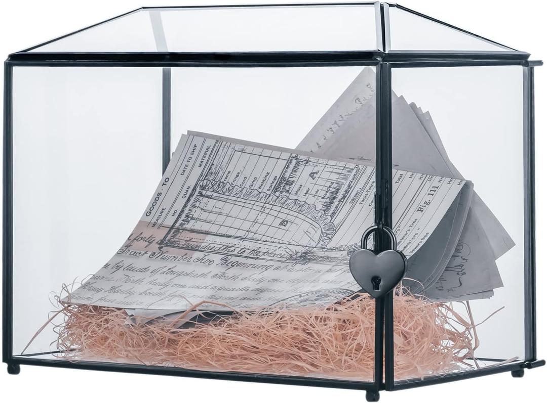 NCYP Small Wedding Glass Cards Box with Slot and Lock, 10.2 x 5.9 x 7.9 Inch, Black Geometric Cards Holder for Birthdays Party Reception, Wishing Well - Slot Length 6.3'' (Glass Box Only)