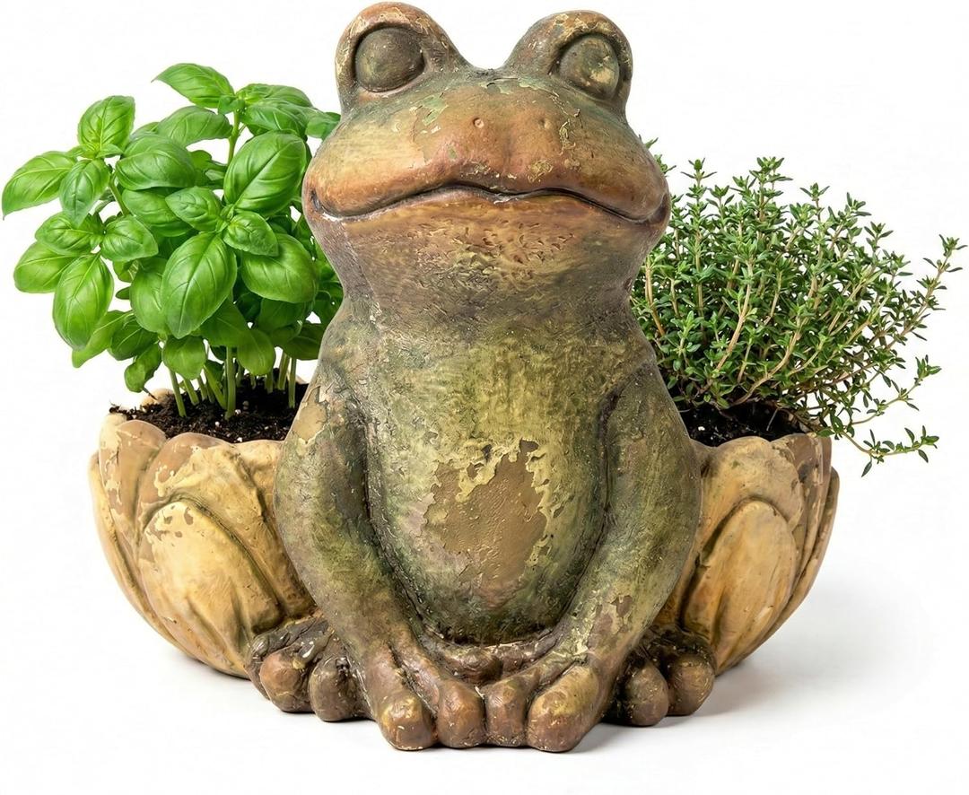 Vintage Frog Outdoor Urn Planter 12.2in Tall, Outdoor Flower Pots for Patio Garden Porch Balcony, Distressed Antique Frog Outdoor Planter withDrain Holes, Decorative Yard Decor (Yellow)