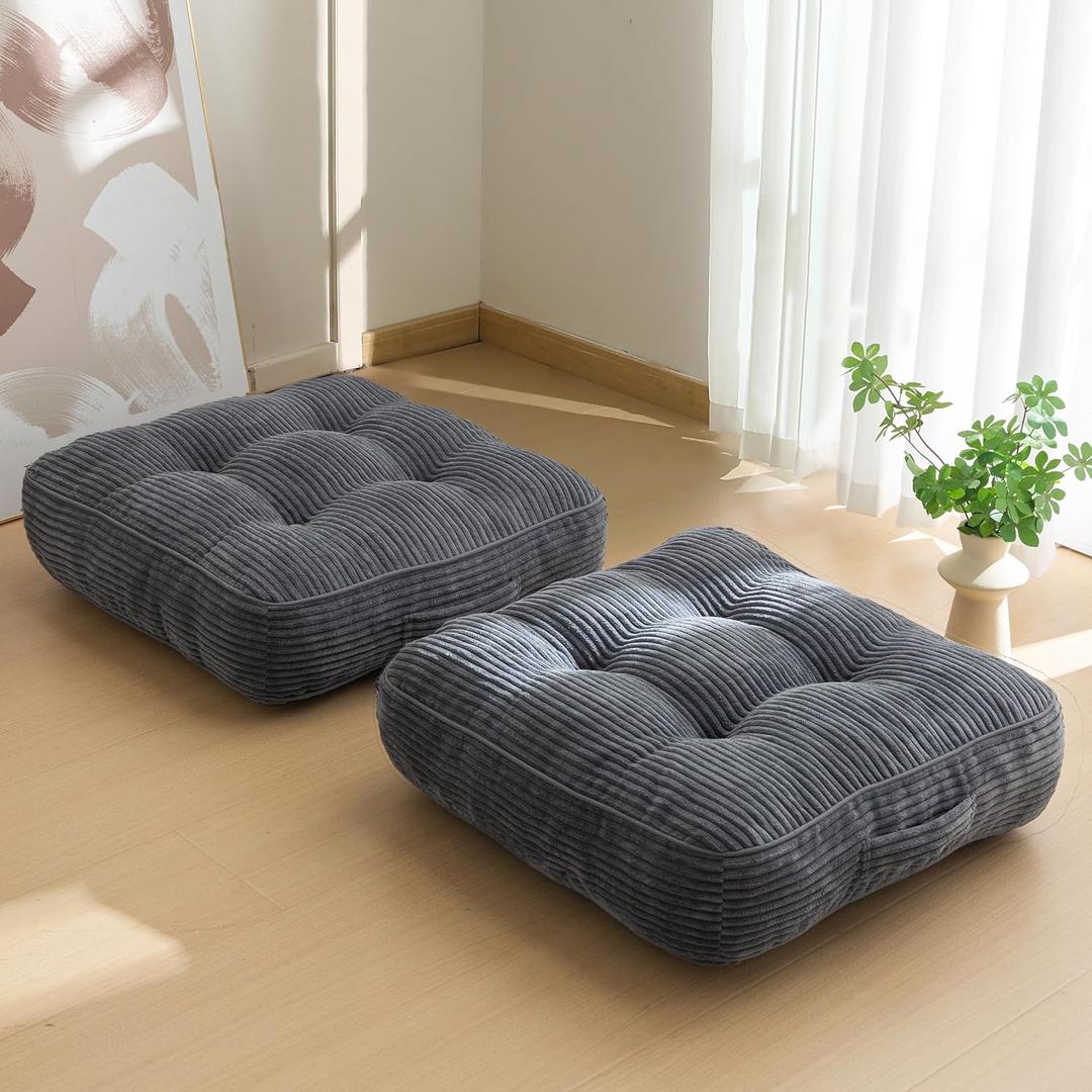 6" Washable Floor Pillow Cushion for Adults, Meditation Cushion Pillow, Large Square Floor Sitting, Removable Tufted Corduroy Cover, for Tatami Living Room or Yoga, 22x22 Inch, 2Pack, Machine Washable (Square Dark Grey)