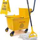 Kefanta 35 Qt Side Press Wringer Combo Commercial Mop Bucket on Wheels Set,Yellow,Include 1 Heavy Duty Industrial Mop for Floor Cleaning and Wet Floor Caution Sign
