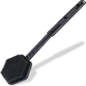 21 Inches Silicone Back Scrubber for Shower - Extendable Long Handle Shower Brush with Stiff and Soft Bristles - Exfoliating and Massage - Back Brush for Shower Men & Women (Black)