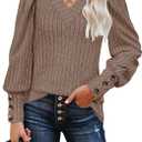 Fayenne Long Sleeve Shirts for Women Business Casual Tops V Neck Puff Sleeve Tunic Knitted Fall Outfits (Medium, Coffee)