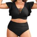 Plus Size Bikini Two Piece Swimsuit - Women High Waisted Tummy Control Bathing Suit with Sleeve Swimwear 2025 (Black, 20W)