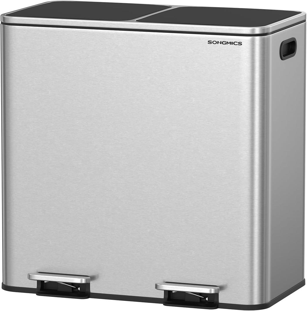 SONGMICS TrashCan, 2 x 10.6 Gallon (2 x 40 L) Garbage Can for Kitchen, with 15 TrashBags, 2 Compartments, Plastic Inner Buckets and Hinged Lids, Airtight, Silver and Black ULTB730E80