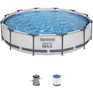 Bestway Steel Pro MAX 12 Foot x 30 Inch Round Metal Frame Above Ground Outdoor Backyard Swimming Pool Set with 330 GPH Filter Pump (Gray)
