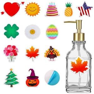 Teenyyou Seasonal Holiday Soap Dispenser with 14 Interchangeable Seasonal Festival Magnets Glass Lotion Fall Thanksgiving Halloween Autumn Soap Dispenser for Farmhouse Kitchen Bathroom Accessories