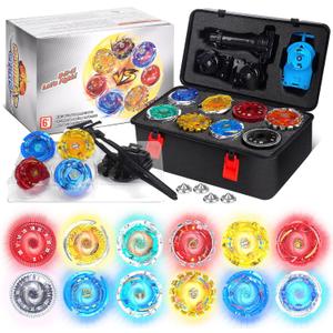 BUPASAK Battle Set with Portable Box, 12 Light Ignite Spinning Tops, 2 Launchers and 1 Girp, Metal Fusion Type, Birthday Gift Boys Toy for 6+ Year Old