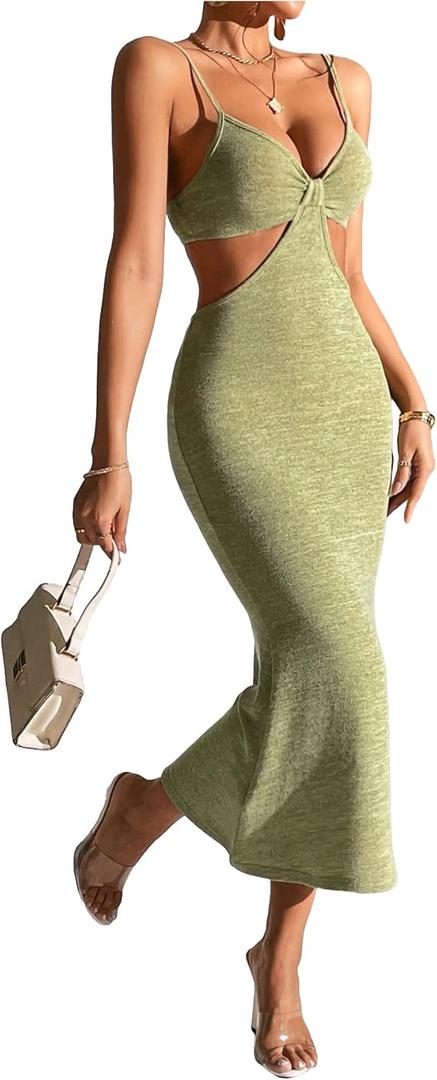 SOLY HUX Women's Open Back Going Out Dresses Cut Out Cami Spaghetti Strap Backless Midi Bodycon Dress  Small Petite