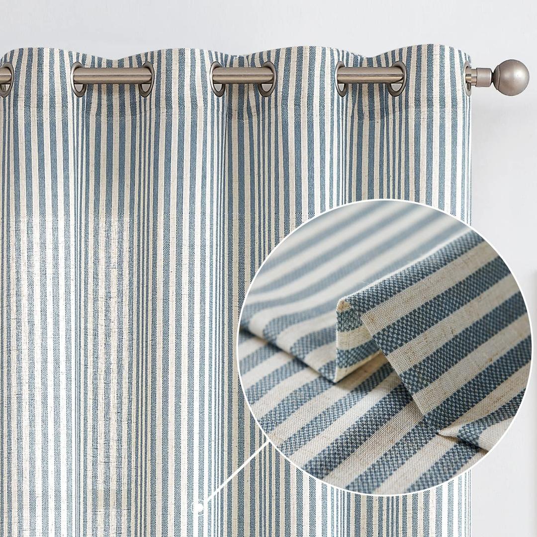 Vangao Linen Striped Curtains for Living Room Bedroom Farmhouse Tickingstripe Light Filtering Window Curtains Printed Drapes Grommet Top 2 Panels Blue W50 x L84 Inch