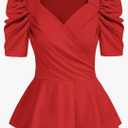 GRACE KARIN 2025 Womens Tops Elegant Peplum Top Wrap V Neck Puff Short Sleeve Summer Tops Blouse (Medium, Red)