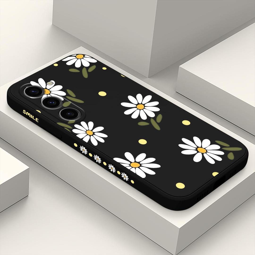 for Samsung Galaxy S23 Case Flowers Butterfly, Anti Slip Shockproof Flexibility Soft Silicone Protector Phone Case for Galaxy S23-Daisy Black (Samsung S23)