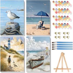 ajepon 4 Pack Framed Paint by Numbers Kit for Adults-Beach Paint by Numbers Kit for Adults with Frame,DIY Seaside Scenery Acrylic Oil Painting Kits with Framed Canvas 8x12inch (with Wooden Easel) (BKH1271+BKH1272+BKH1273+BKH1274-US)