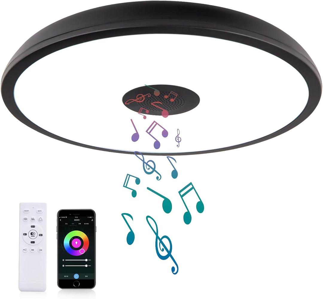 Black Smart Waterproof LED Flush Mount Ceiling Light Fixture,18W,with Bluetooth Speaker,RGB Color Changing Function-Dimmable Lamp,Tuya Application Control-Compatible with Alexa Google Home (11 Inches)