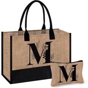 AYGE Personalized Initial Jute Tote Bag & Makeup Bag, Beach Bag, Monogrammed Birthday Gifts for Women Sister Mom Bridesmaid
