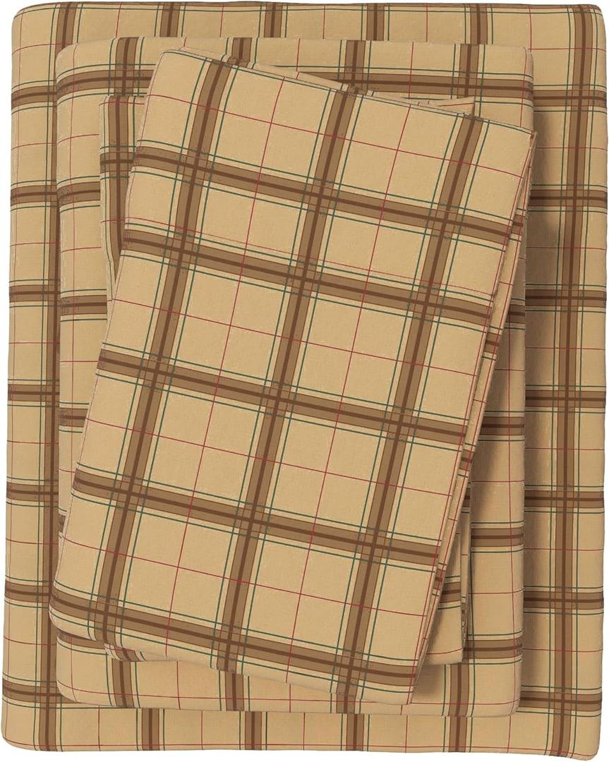 Great Bay Home Flannel Sheets Queen Size - 100% Turkish Cotton, Double-Brushed, Plaid and Stripe Bed Sheet Set - Ultra-Soft, Cozy, 4-Piece Bedding Set (Block Plaid - Taupe/Green/Red)