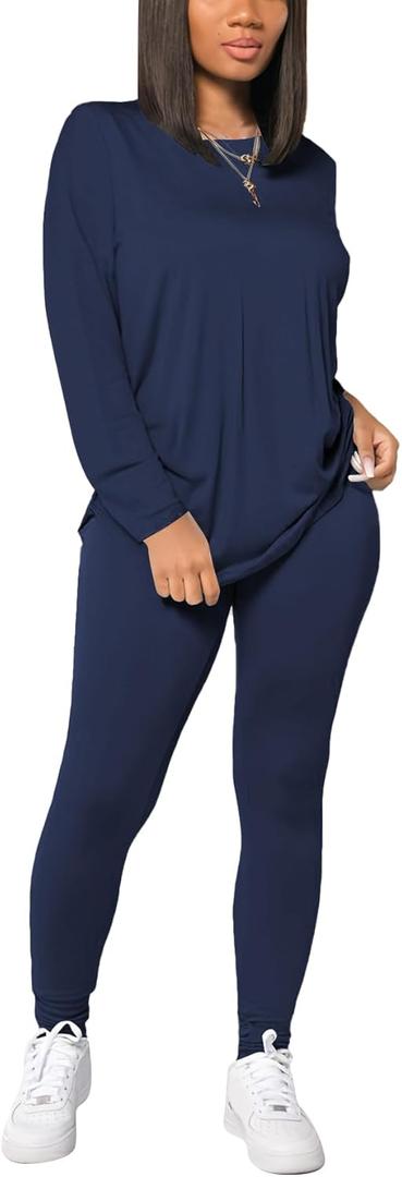 HBQ Women's Casual 2 Piece Outfits Long Sleeve Sweatsuits Drop Shoulder Tracksuits Biker Workout Jogger Sets (Large, Dark Blue)