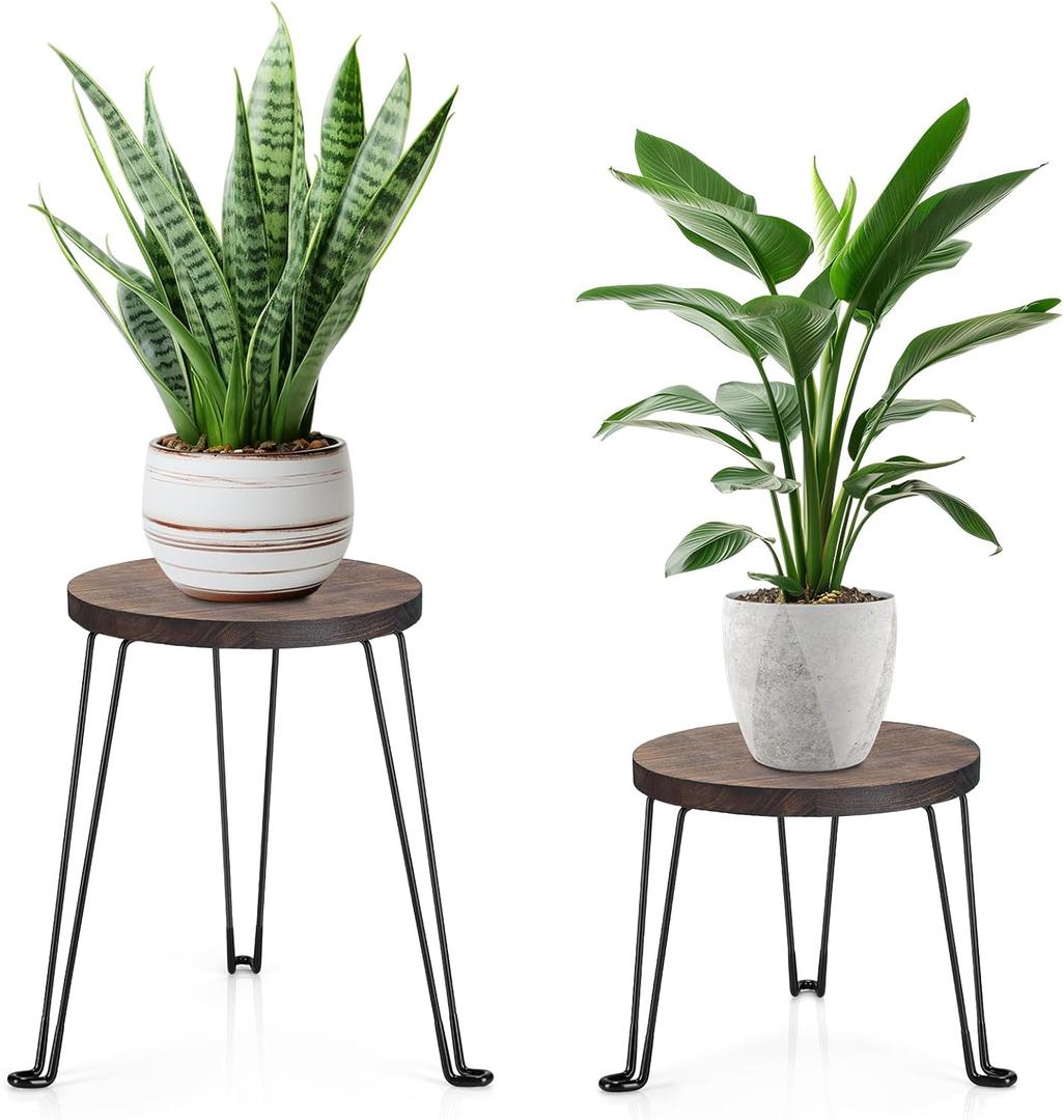 Yangbaga Wooden Plant Stands Indoor: 2Pack 11.81IN Round Plant Stands with Metal Legs,Mid Century Plant Holder for Home Decor,Multi-purpose Plant Table for Living Room/Patio/Garden/Balcony/Office