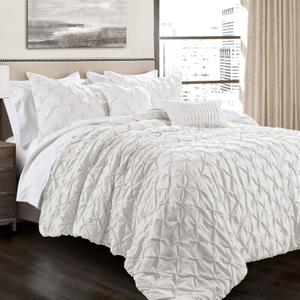 Lush Decor Ravello Pintuck Comforter Set - Luxe 5 Piece Textured Bedding Set - Traditional Glam & Farmhouse Inspired Bedroom Decor - King, White