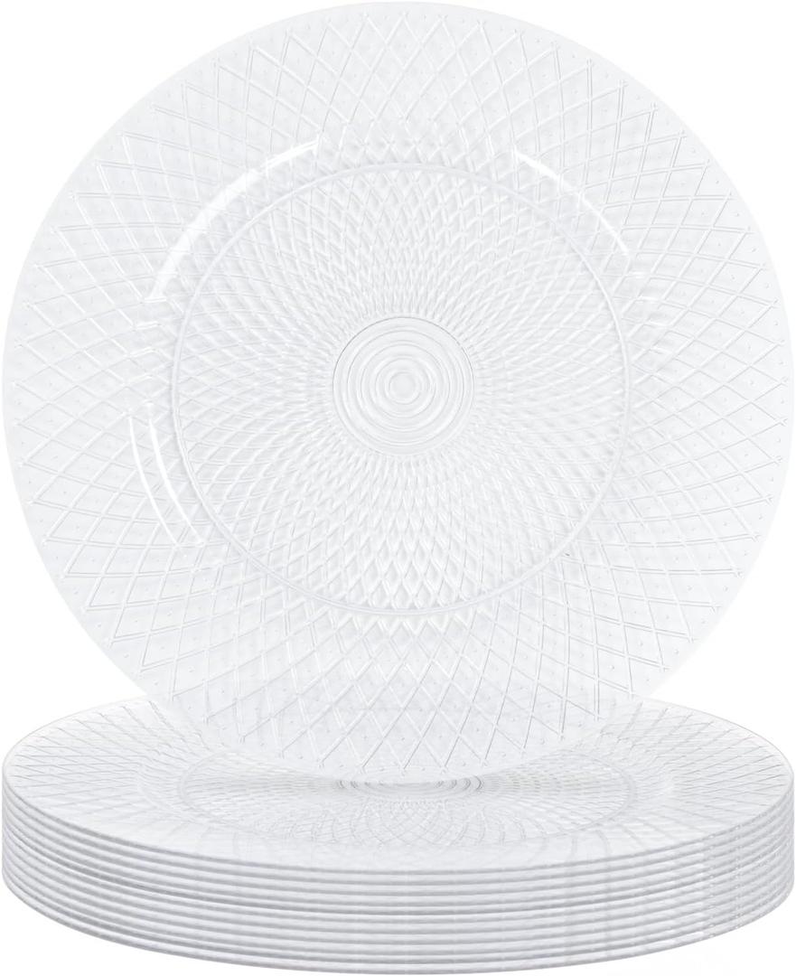 MAONAME 13" Clear Charger Plates Set of 12, Round Table Chargers for Dinner Plates, Plastic Weaving Plate Chargers for Table Setting, Wedding Decor (Grey)