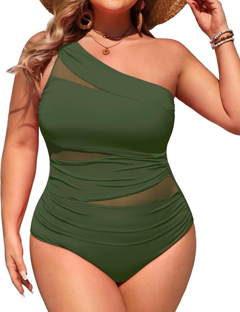 Aqua Eve Plus Size One Piece Swimsuit for Women Tummy Control Bathing Suits One Shoulder Swimwear (Green, XXXL)