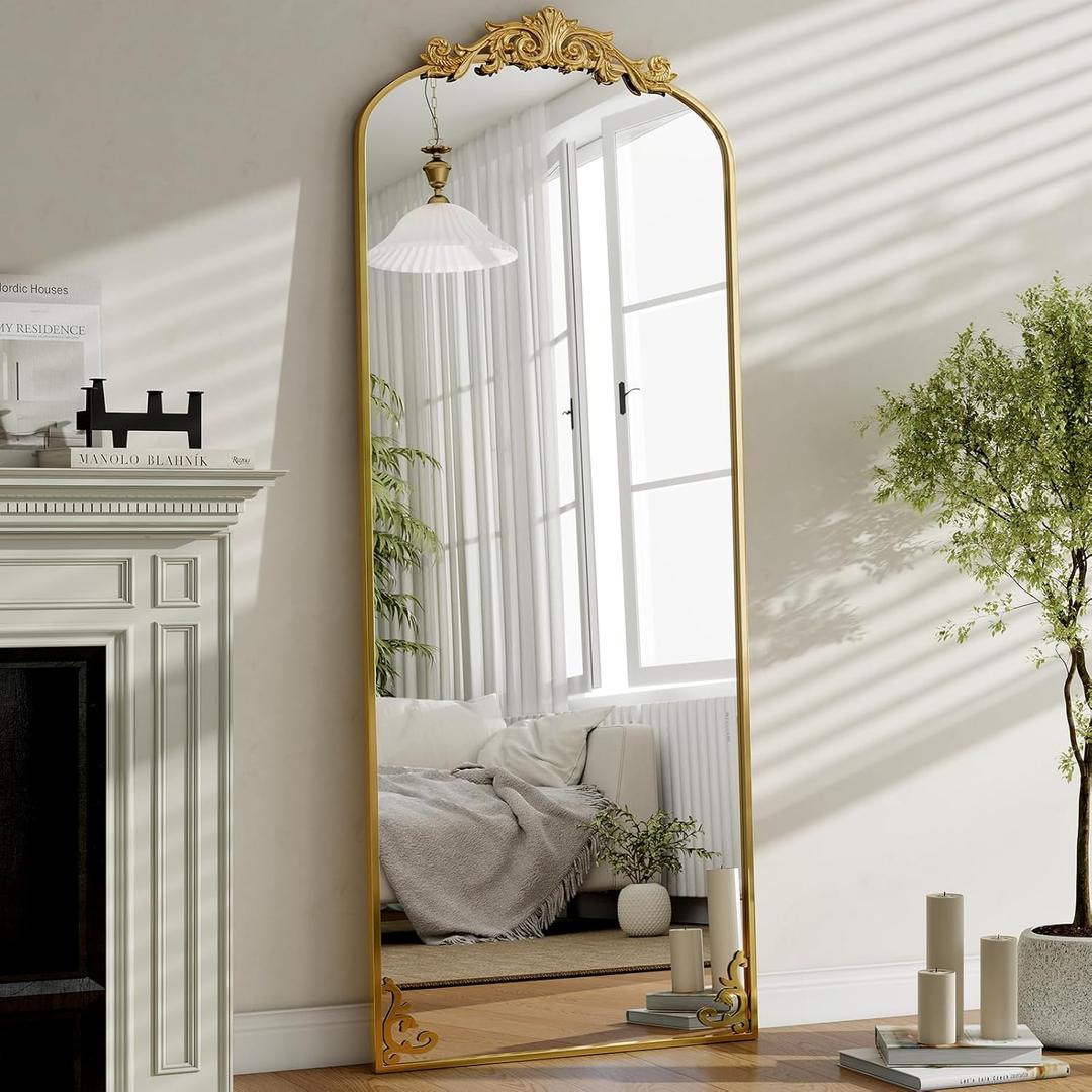 GLSLAND 64"x 21" Vintage Full Length Mirror Large Carved Arched Full Body Mirror with Baroque Metal Frame for Bathroom/Living Room/Entryway,Gold (64"L x 21"W, Gold-64" X 21")