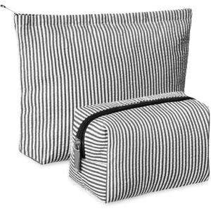 2 Pieces Makeup Bag Set Cute Cosmetic Pouch for Women Seersucker Travel Toiletry Bag Preppy Small Makeup Purse Pouch Aesthetic Skincare Brushes Storage Organizer for Christmas Women(Black)