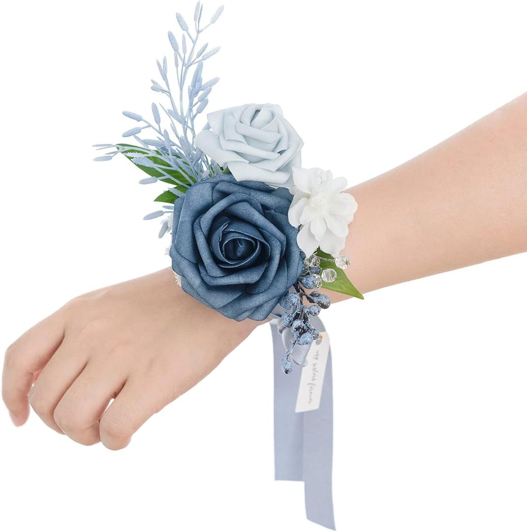 Ling's moment 2pcs Prom Wrist Corsage Artificial Flowers, Girl/Mother Corsages Wristlet Dcor for Homecoming/Wedding/Anniversary, etc. Dusty Blue