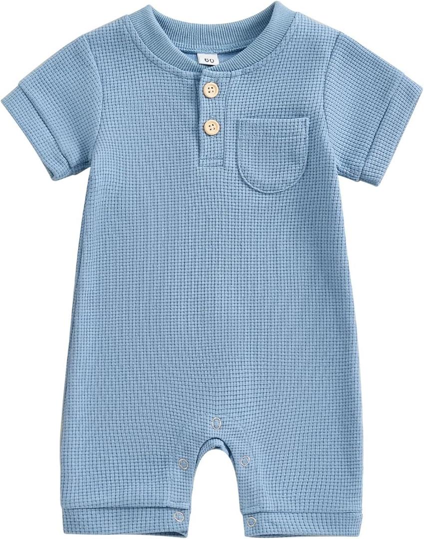 Kuriozud Newborn Infant Unisex Baby Boy Girl Clothes Button Romper Jumpsuit Basic One Piece Outfits (3-6 Months, Waffle Short Sleeve Blue)