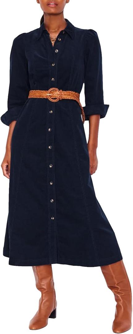 YEXPINE Women's Corduroy Maxi Dress Long Sleeve Cord Button Down Fall Shirt Long Dress with Belt (Large, Navy)