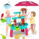 VATOS Sand Water Table Toys for Toddlers Kids - with Water Pumb & Umbrella 3-Tier Kids Splash Table, Water Play Toys for Outside Outdoor Backyard, Toddler Sand Sensory Table for Boys Girls