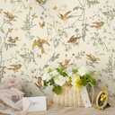 Kitico Vintage Wallpaper Peel and Stick Wall Paper Bird Contact Paper 16.1''x197'' Beige Self Adhesive Removable Wallpaper for Bedroom Bathroom Cabinets Decor Vinyl Roll