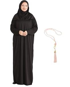 Modish Group Women Prayer Clothes with Hijab Muslim Outfits Long Robe Abaya Turkish Islamic Dresses Dubai Kaftan with Rosary (Brown, One Size)