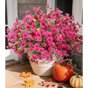 Artificial Flowers Fake Plants for Outdoors Decoration, 12 Bundles Silk Morning Glory with Eucalyptus Realistic UV Resistant Fuchsia Faux Flowers for Outside Planter Yard Patio Garden Home Indoor (Fucshia)