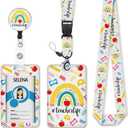 Rainbow Teacher Badge Holder with Retractable Lanyard, Lanyards for ID Badges Name Tags Vertical Card Holder, Breakaway Lanyard Badge Reel Retractable, Teacher Nurse Workers Women Office Gifts