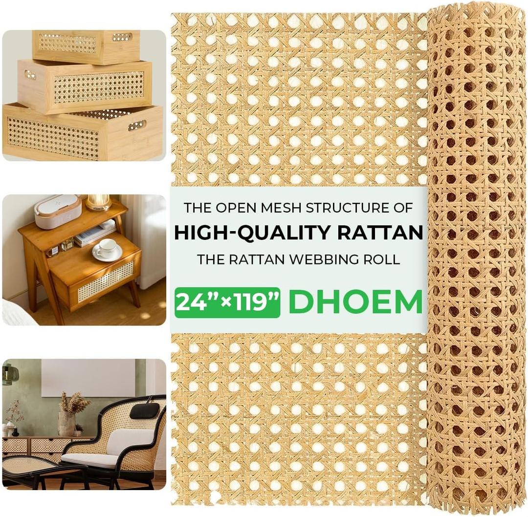 24 x 119 Inch Cane Webbing, Natural Rattan Cane Webbing Roll Open Mesh Woven Cane Material,DIY Furniture, Cabinet Repairs, Ceiling, Bed & Replacement Kits